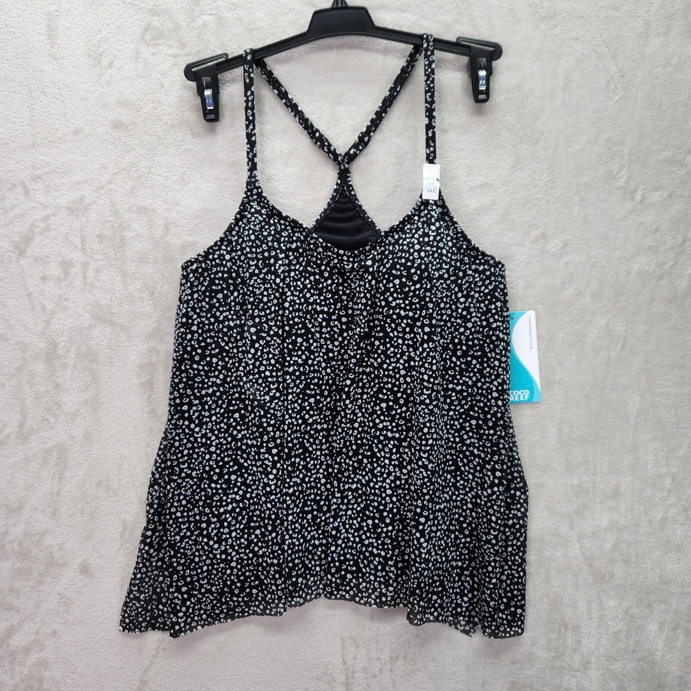 Coco Reef Tankini Top Bra Sized 34C Mesh Animal Print Swim Black White Underwire